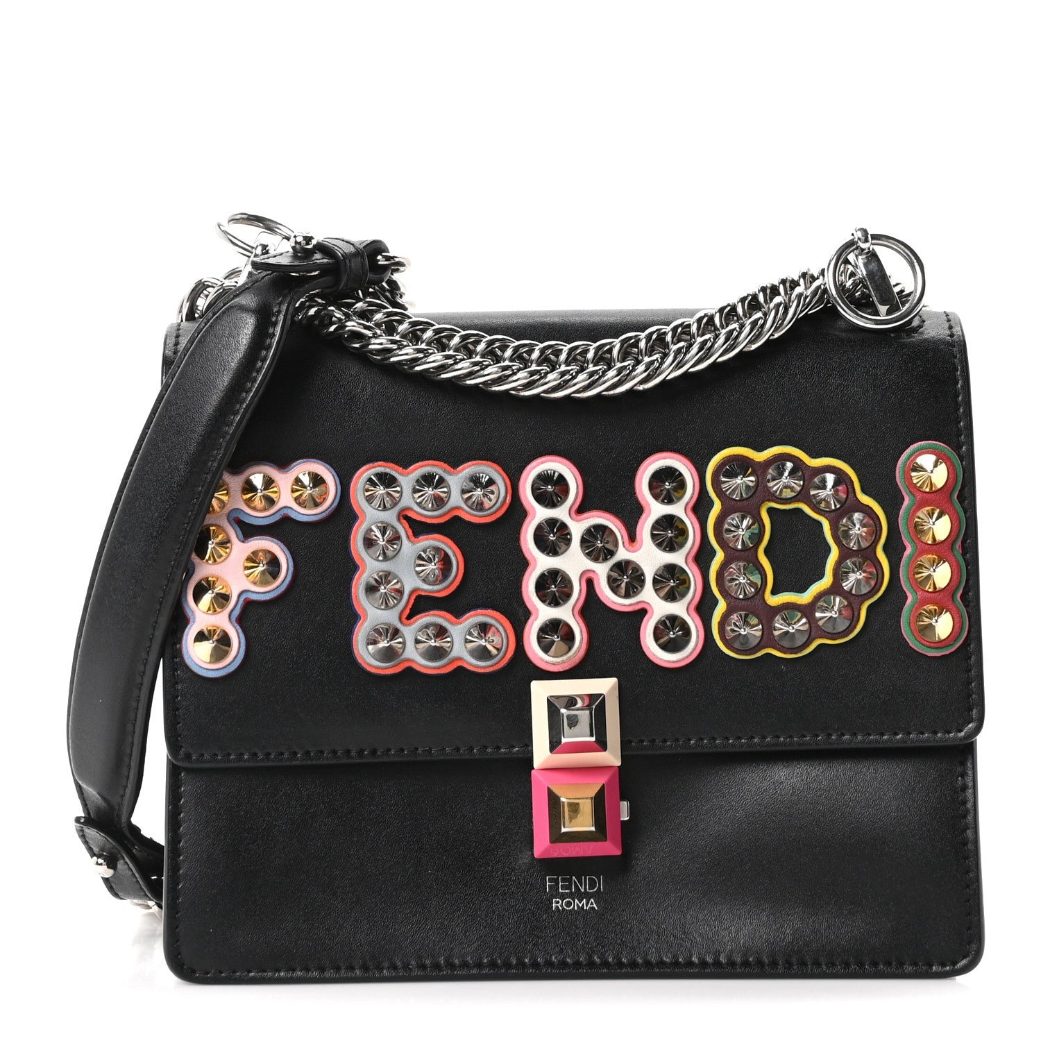 Fendi Vitello Liberty Fun Fair Metal Studded Small Kan I Shoulder Bag Black Multicolor
