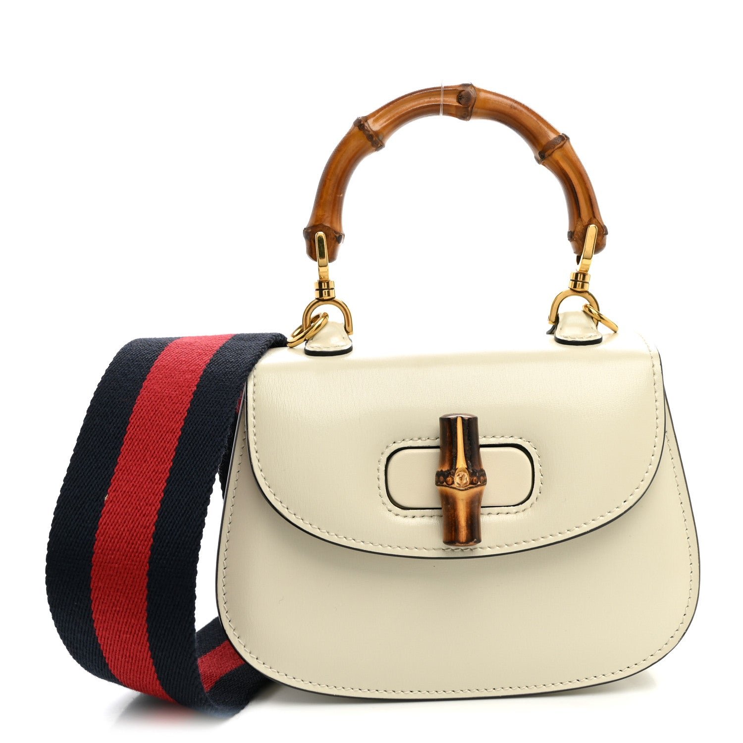 Gucci Boarded Dyana Lux Calfskin Web Mini Bamboo 1947 Top Handle Bag Mystic White