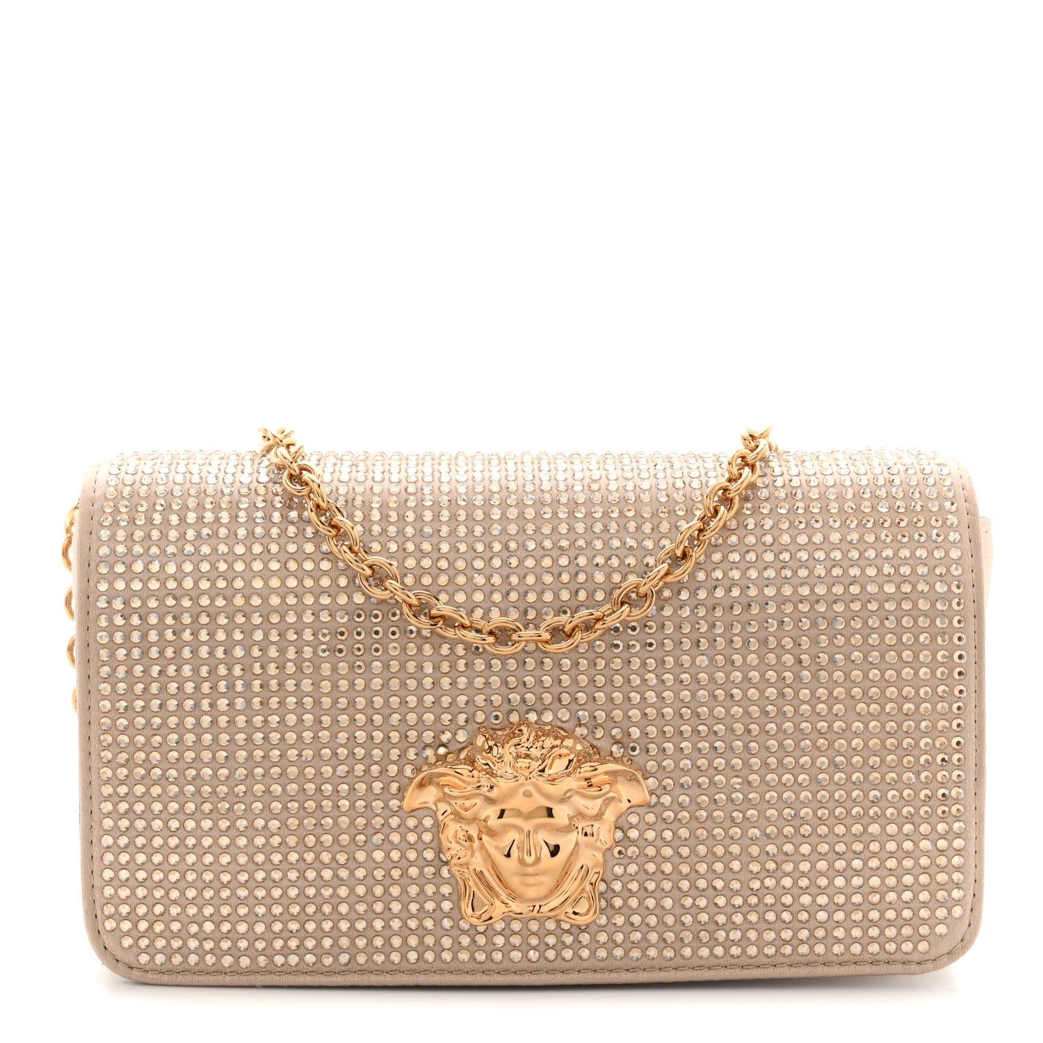 Versace Satin Crystal Medusa Chain Clutch Beige