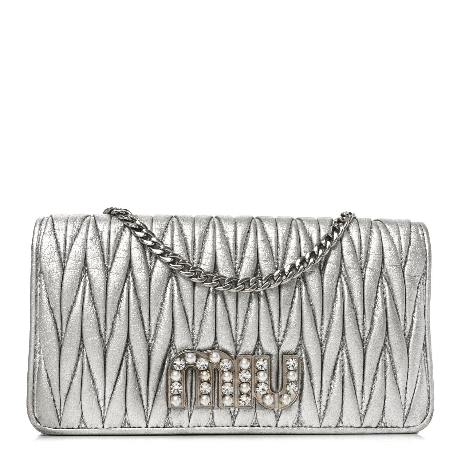 Miu Miu Metallic Nappa Matelasse Chain Crossbody Silver