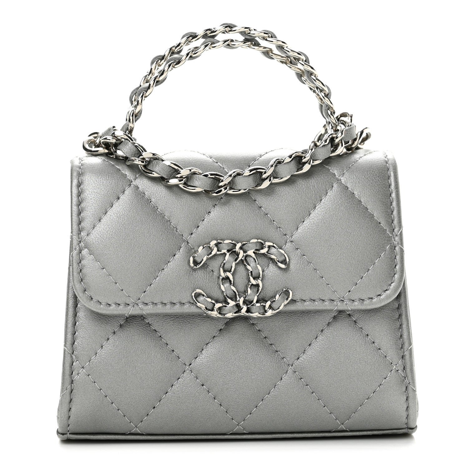 Chanel Metallic Lambskin Quilted Mini Chain CC Top Handle Clutch With Chain Silver