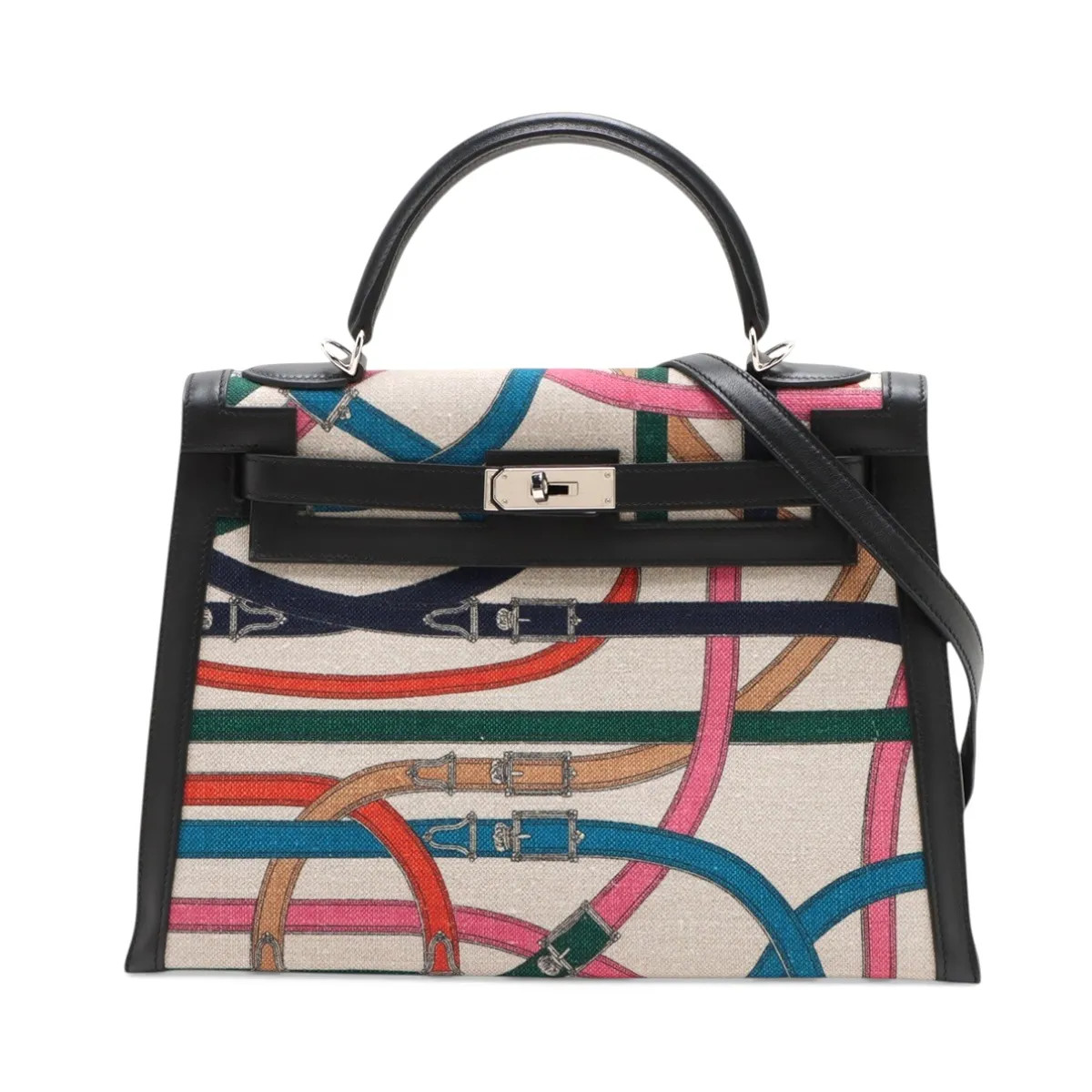 Hermès Kelly 32 Serie Veau Swift & Toile De Camp Black x multicolor Silver Metal