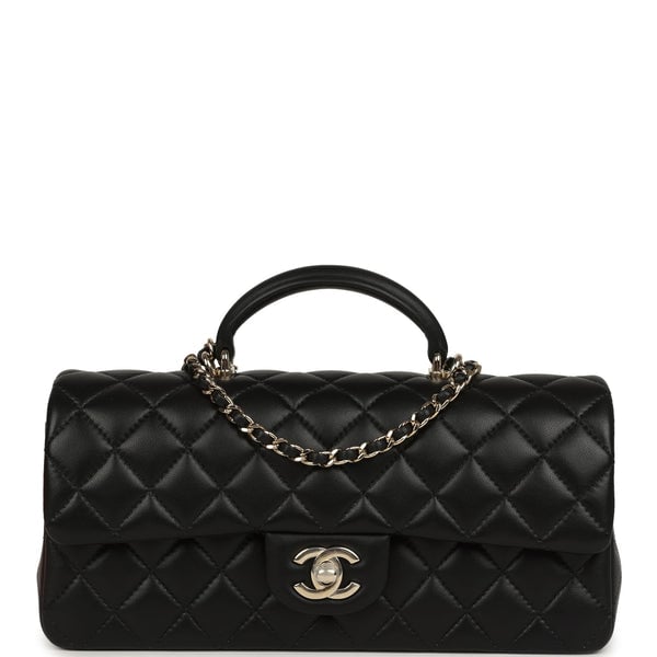 Chanel Classic Top Handle Long Flap Bag Black Lambskin Light Gold Hardware
