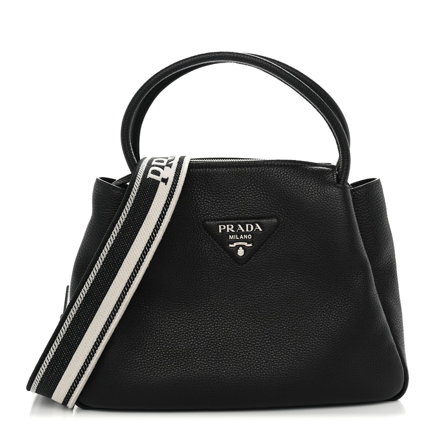 Prada Vitello Daino Soft Medium Zippered Top Handle Bag Black