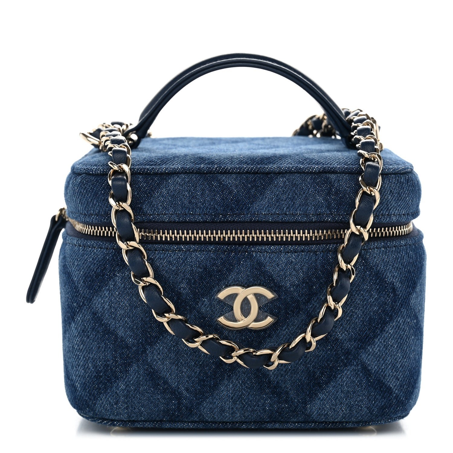 Chanel Printed Denim Quilted Mini Top Handle Vanity Case With Chain Dark Blue
