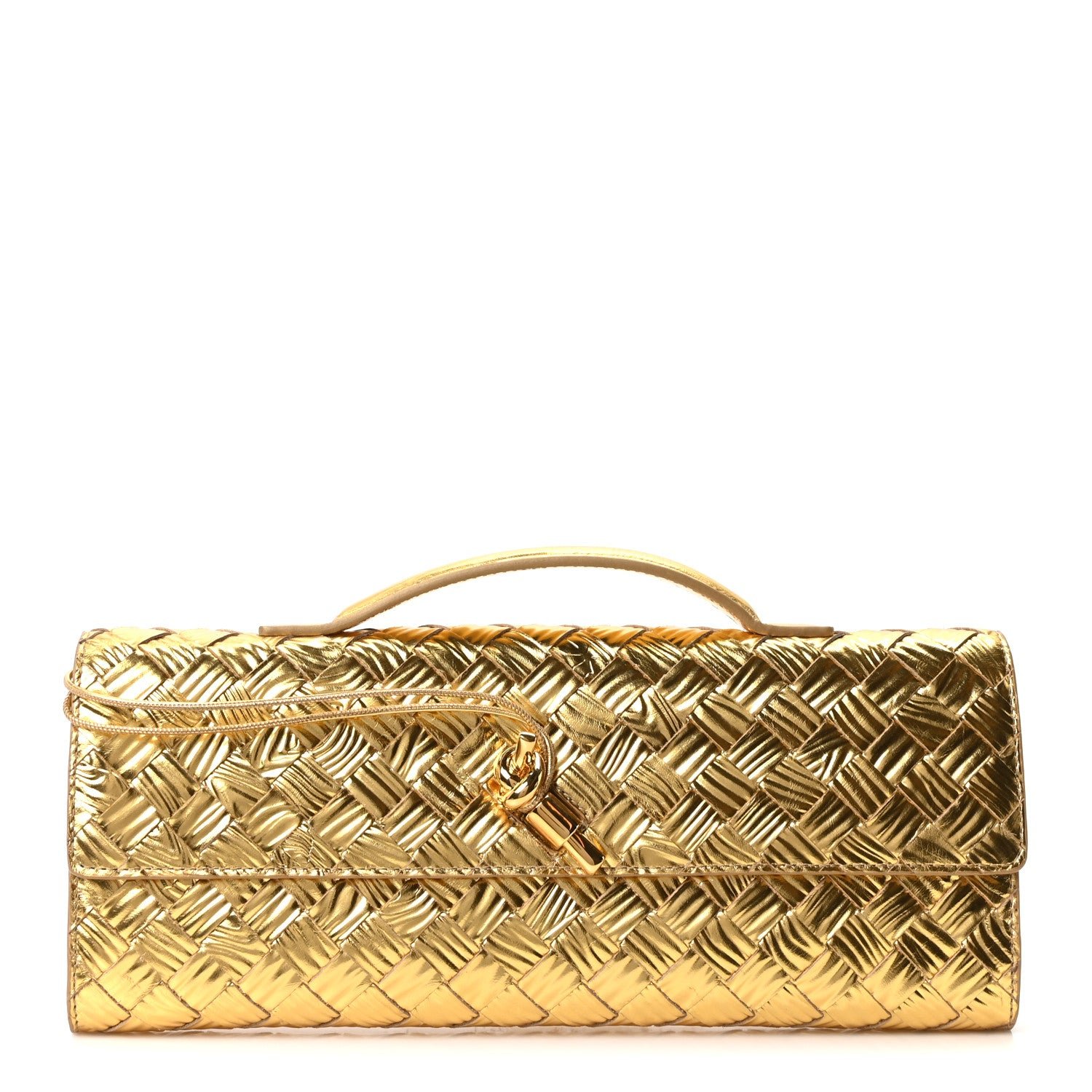 Bottega Veneta Metallic Satin Lambskin Intrecciato Long Andiamo Top Handle Clutch Gold