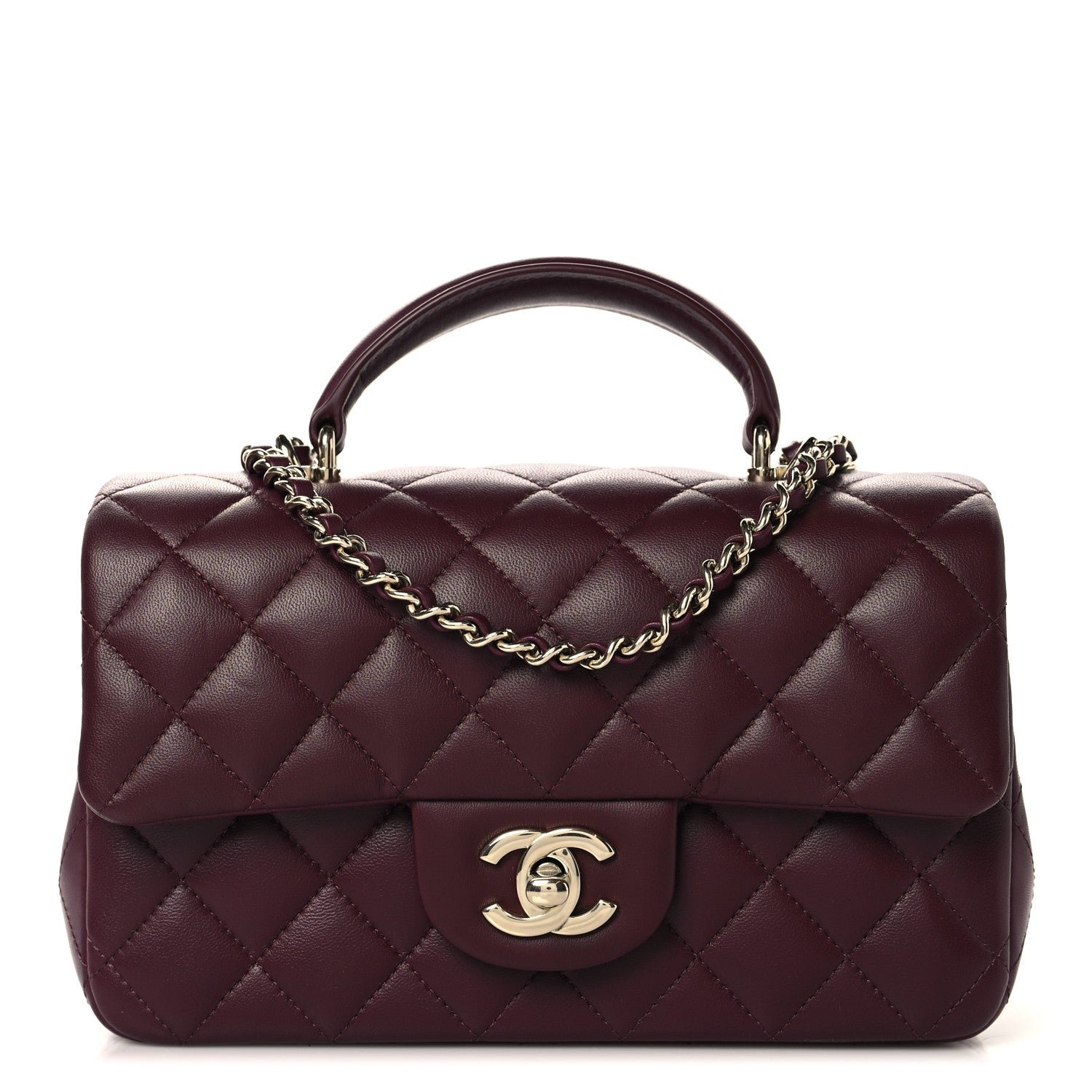 Chanel Lambskin Quilted Mini Top Handle Rectangular Flap Burgundy