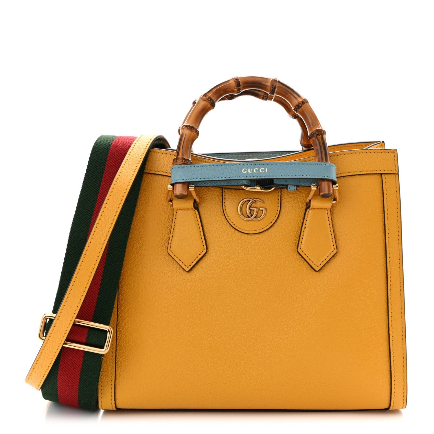 Gucci Textured Dollar Calfskin Web Small Diana Tote Bag Yellow Dusty Azure