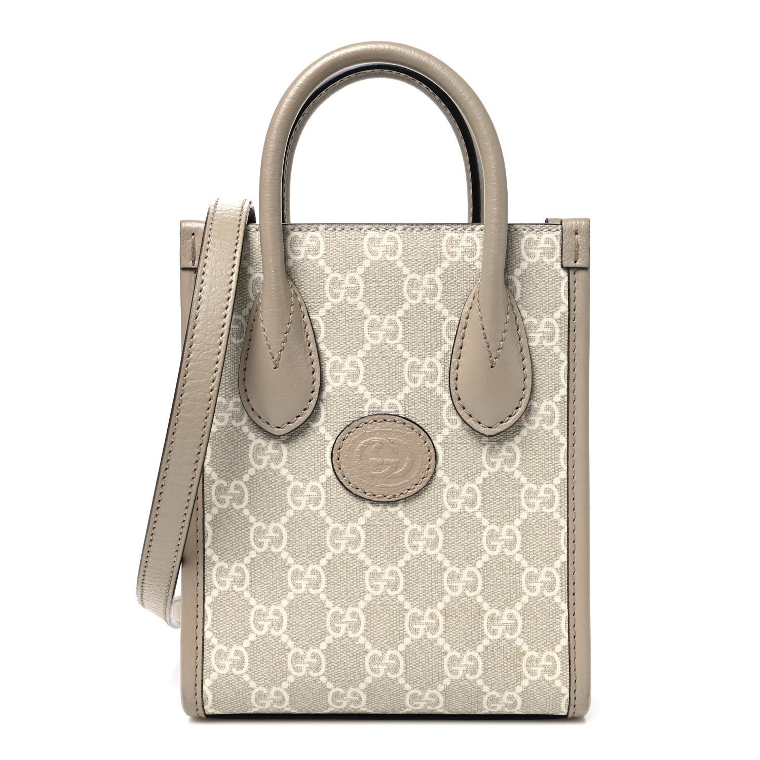 Gucci GG Supreme Monogram Textured Dollar Calfskin Mini Retro Interlocking G Tote Bag Beige Mystic White Oatmeal