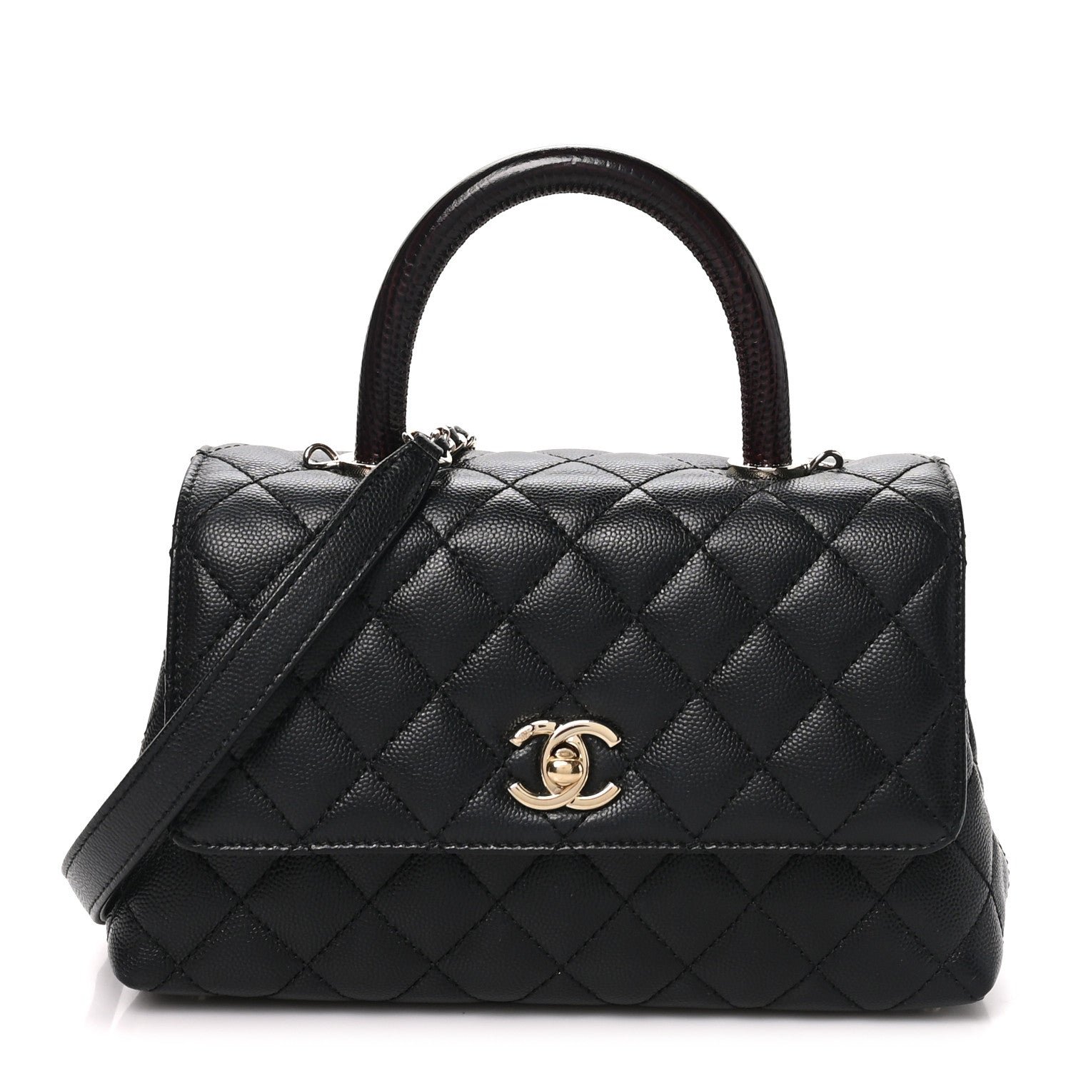 Chanel Caviar Quilted Lizard Embossed Mini Coco Handle Flap  Black