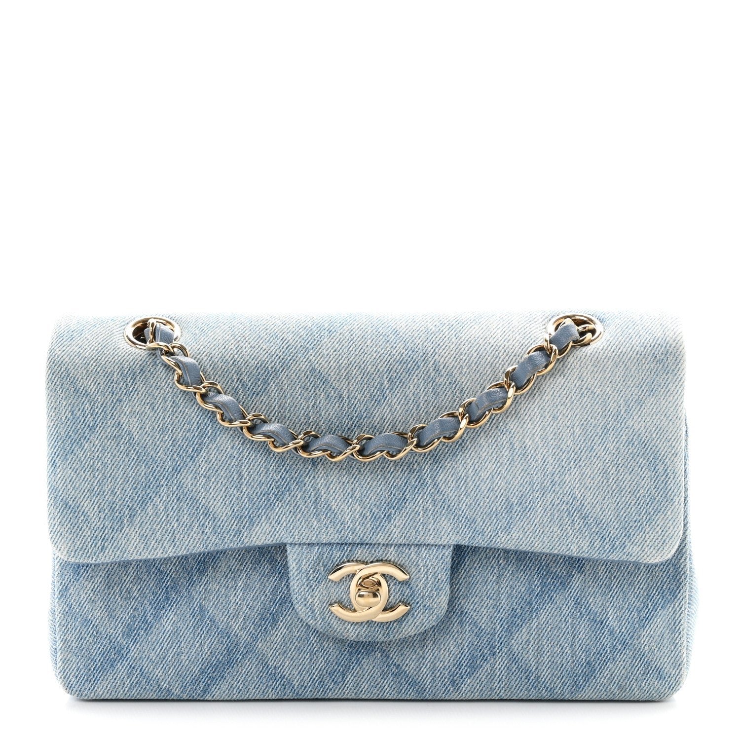 Chanel Printed Denim Quilted Small Double Flap Light Blue
