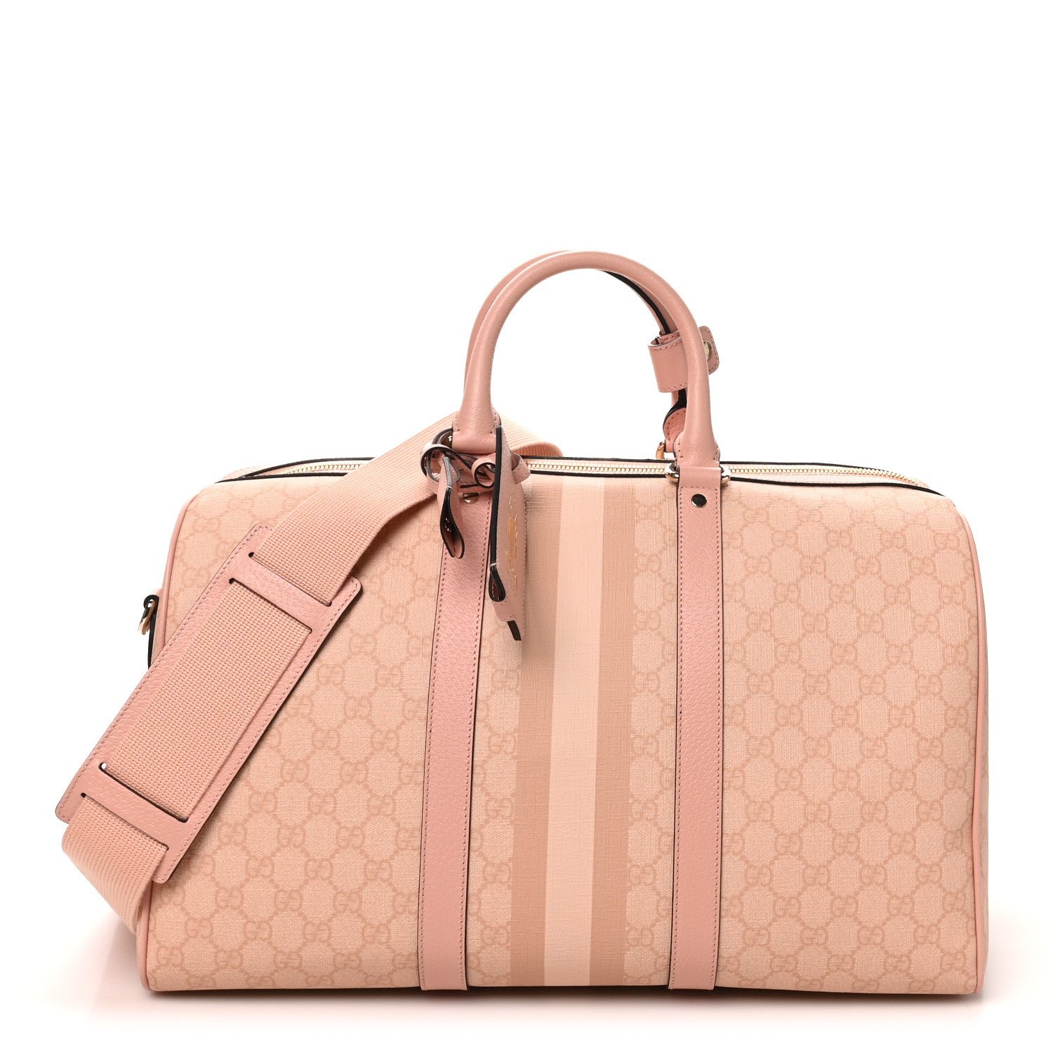 Gucci GG Supreme Monogram Textured Dollar Calfskin Web Medium Savoy Duffle Bag Rose Pink