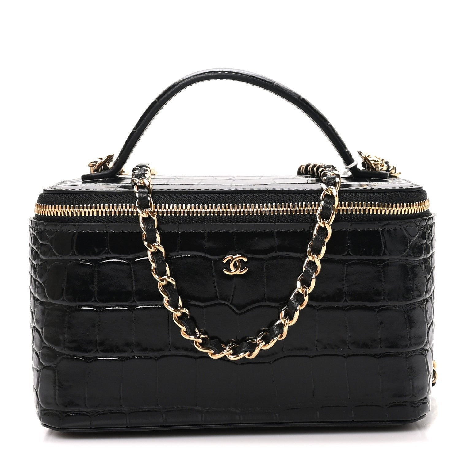 Chanel Calfskin Crocodile Embossed Crococo Small Top Handle Vanity Case With Chain Black