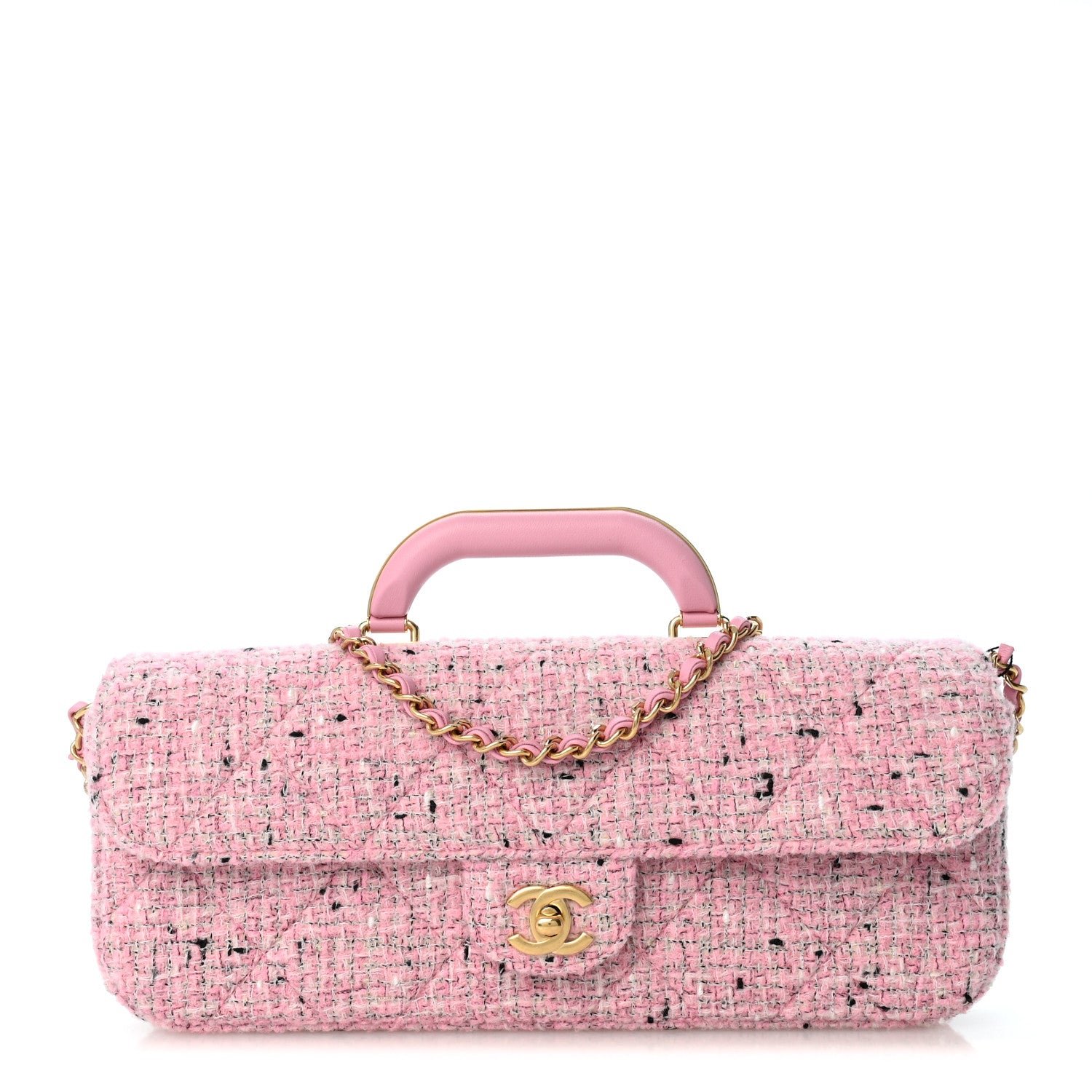 Chanel Tweed Large Top Handle Clutch With Chain Pink Black Ecru