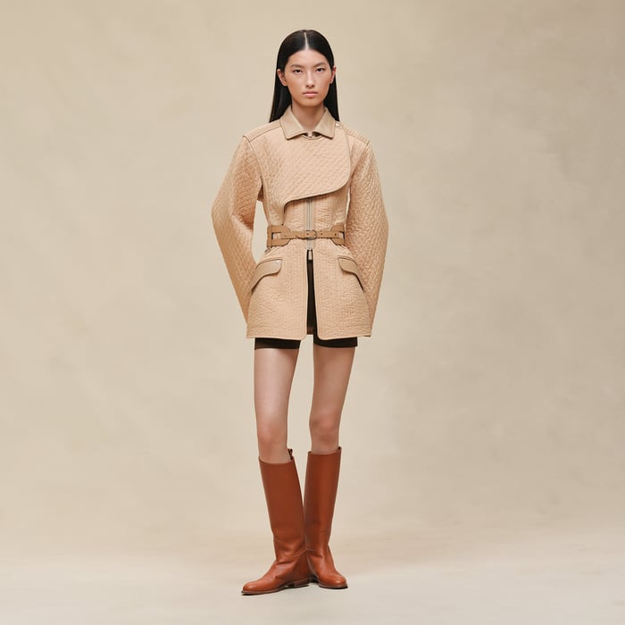 Beige Cajou Short Coat With Leather Details