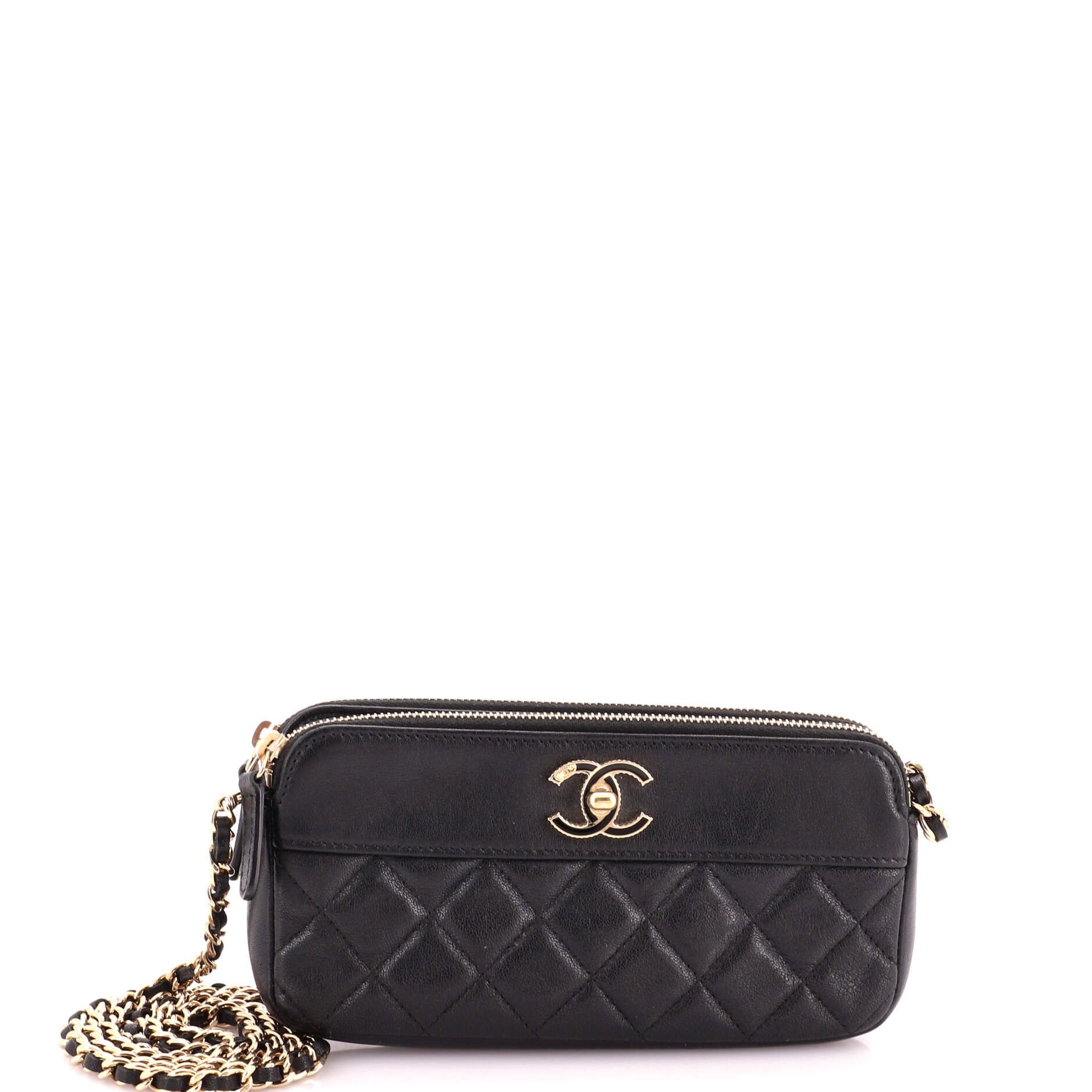 Mademoiselle Vintage Double Zip Clutch with Chain Quilted Sheepskin