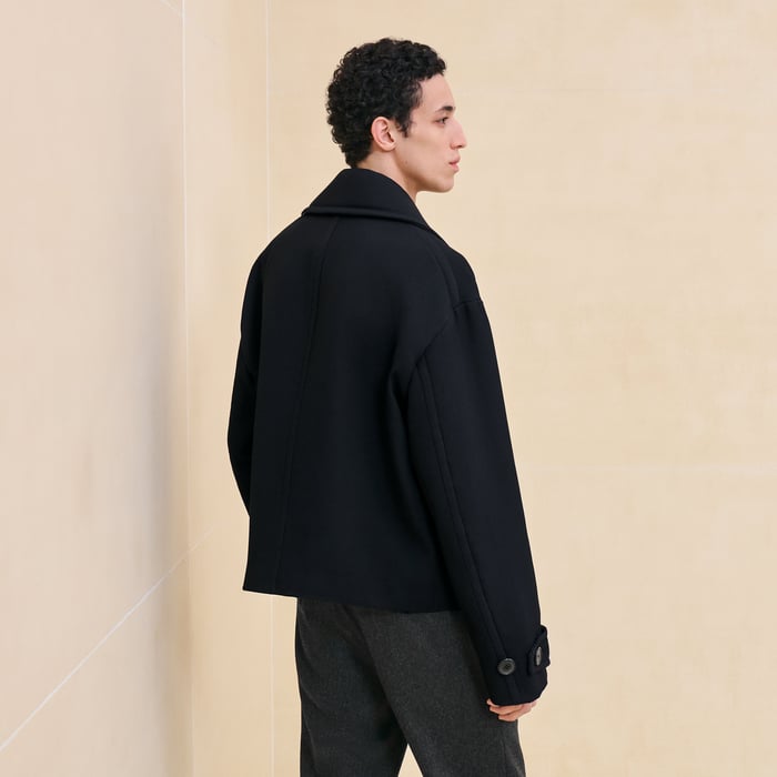 Marine Pea Coat With Leather Details