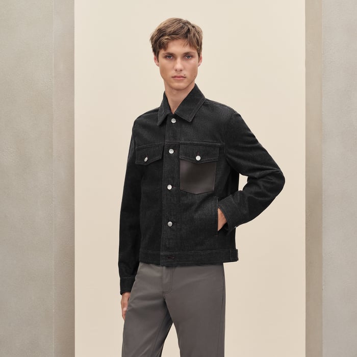 Noir Straight Cut Jacket With Leather Detail