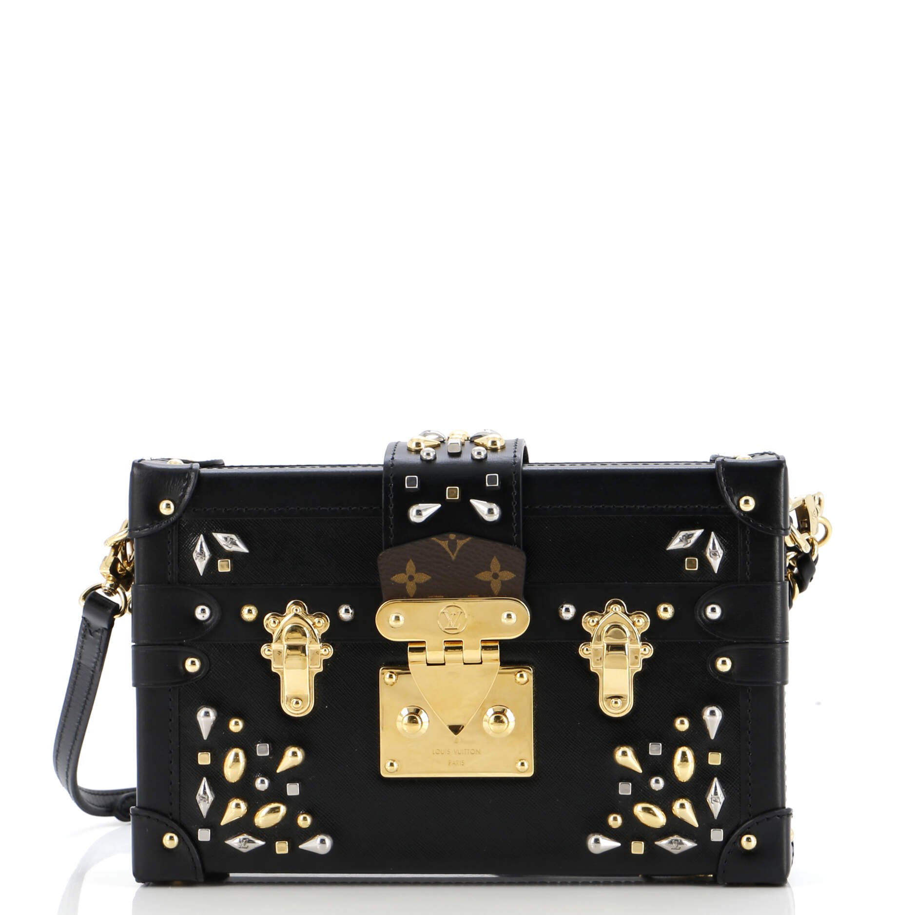 Louis Vuitton Petite Malle Handbag Studded Taiga Leather and Monogram Canvas