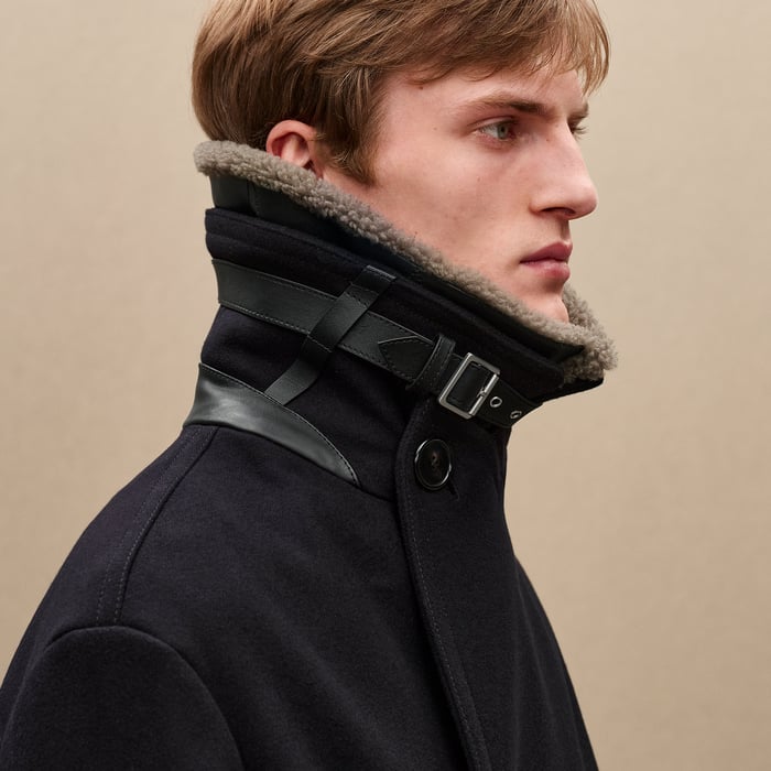 Marine Cashmere Pea Coat With Leather Details