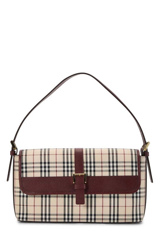 Burgundy Check Jacquard Canvas Buckle Shoulder Bag