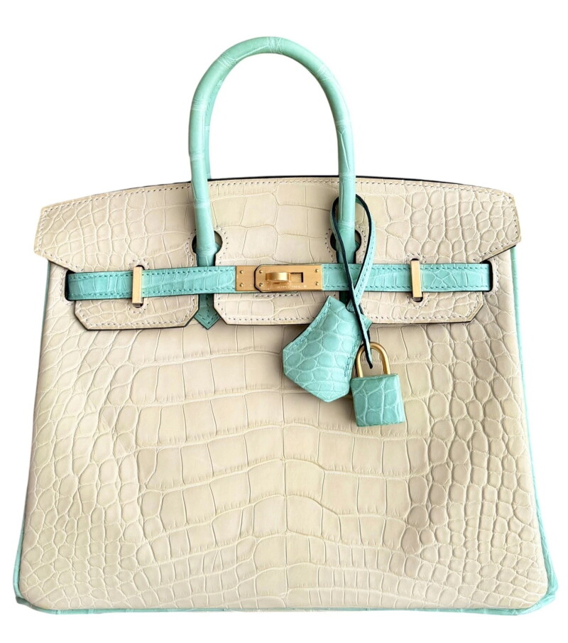 Vanille and Vert D'eau Matte Mississippiensis Alligator HSS Birkin 25 Brushed Gold Hardware, 2024