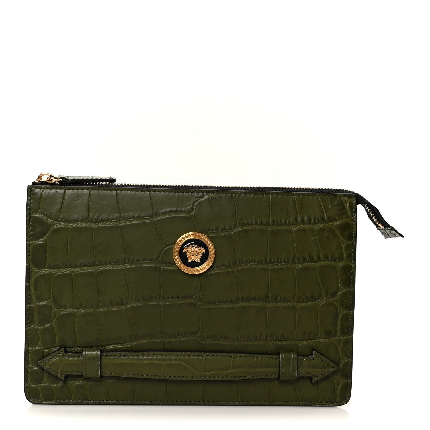 Versace Calfskin Crocodile Embossed La Medusa Pouch Dark Olive