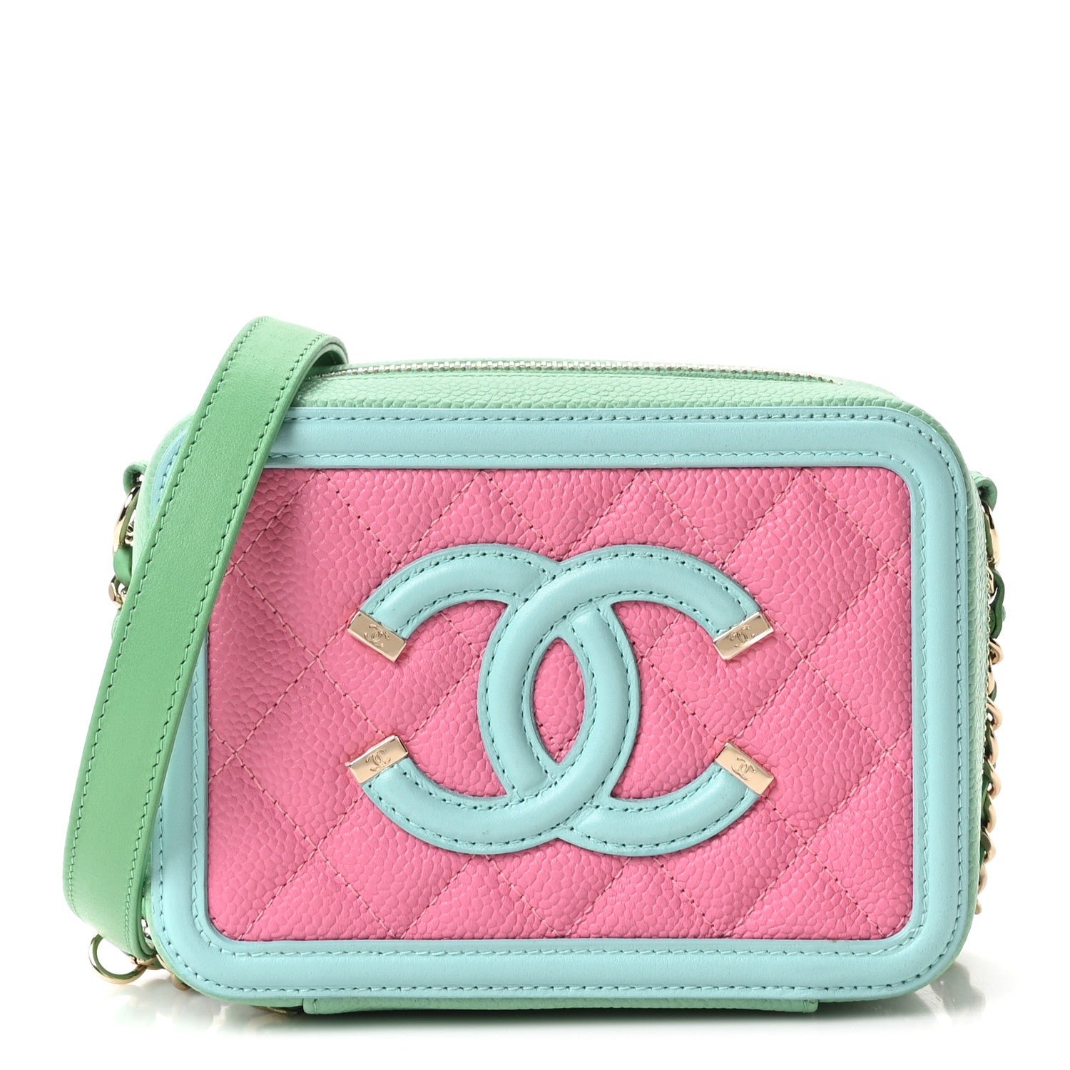Chanel Caviar Quilted Filigree Vanity Clutch With Chain Pink Light Blue Green