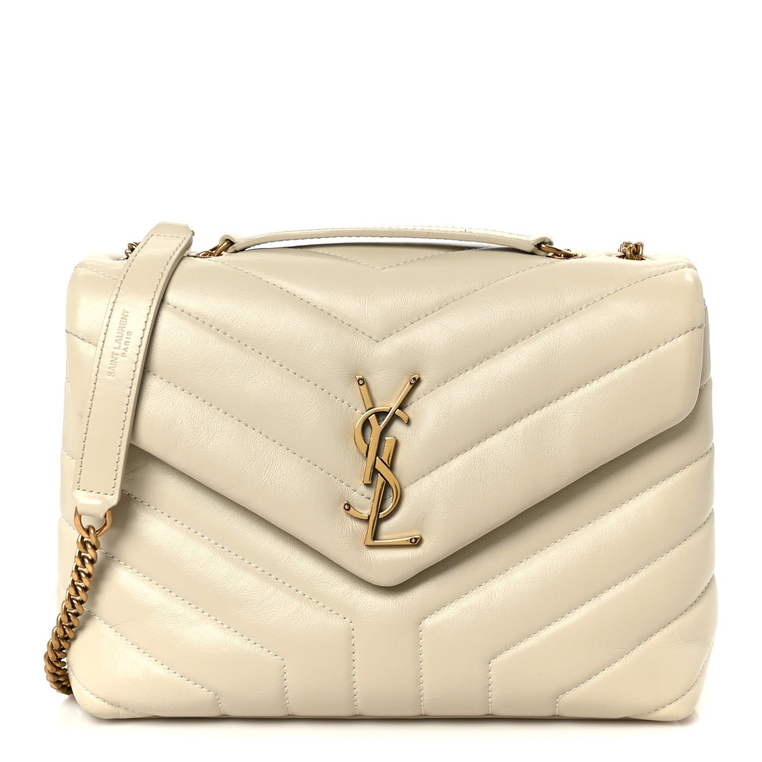 Saint Laurent Calfskin Y Quilted Monogram Small Loulou Chain Satchel Crema Soft