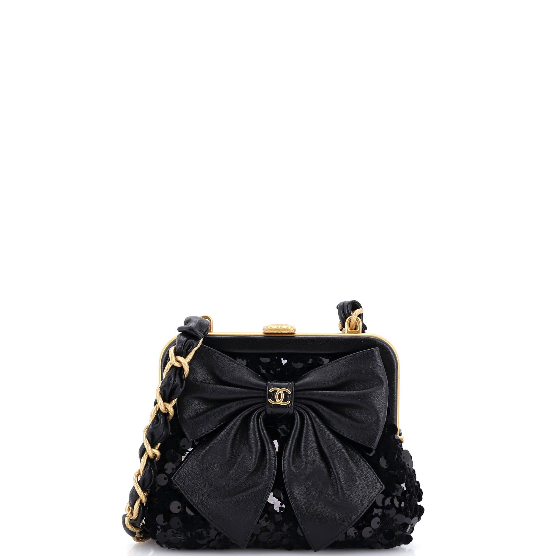 Bow Frame Clutch With Chain Sequin Embellished Tweed with Leather Mini