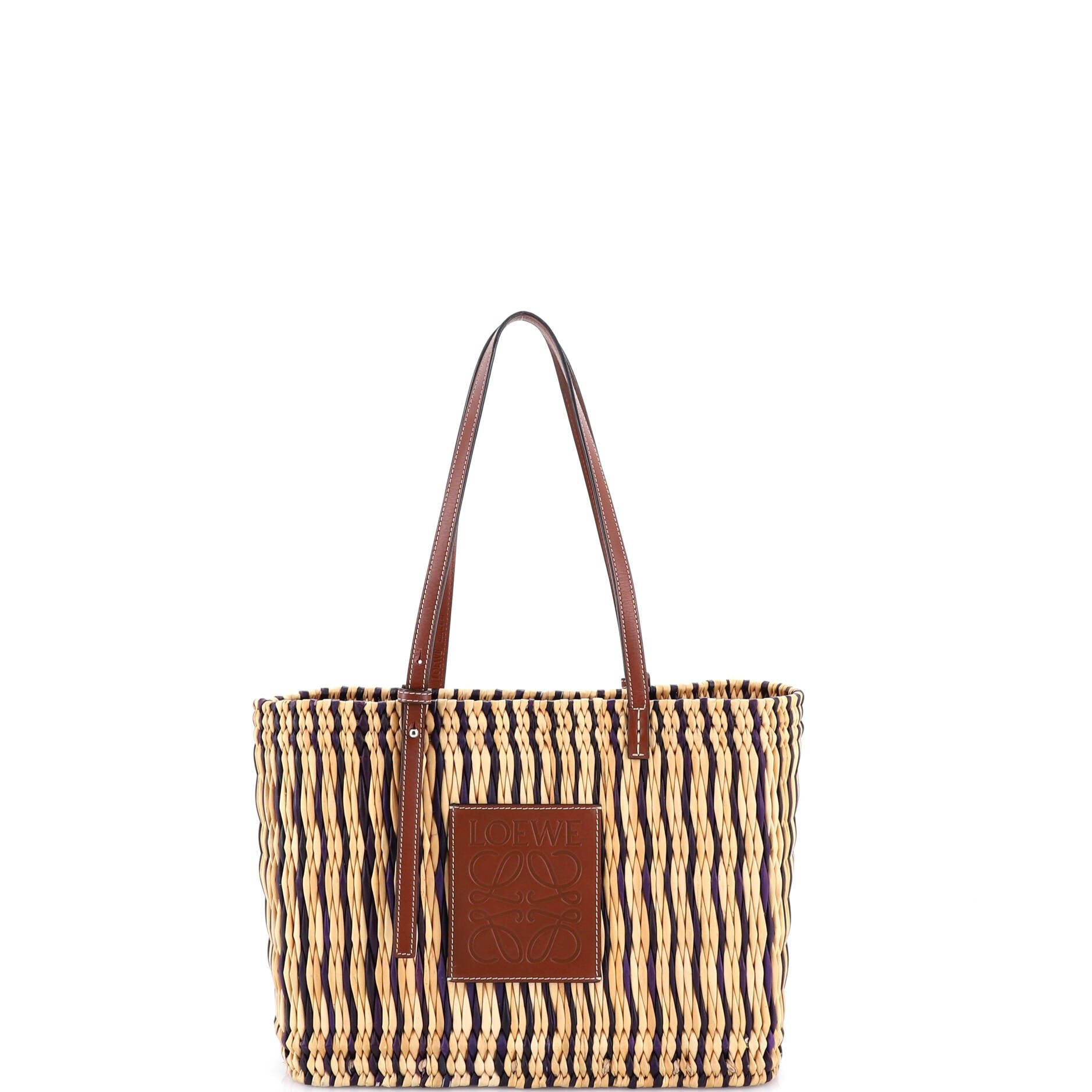 Loewe Paula&#39;s Ibiza Square Basket Tote Woven Reed with Leather Small