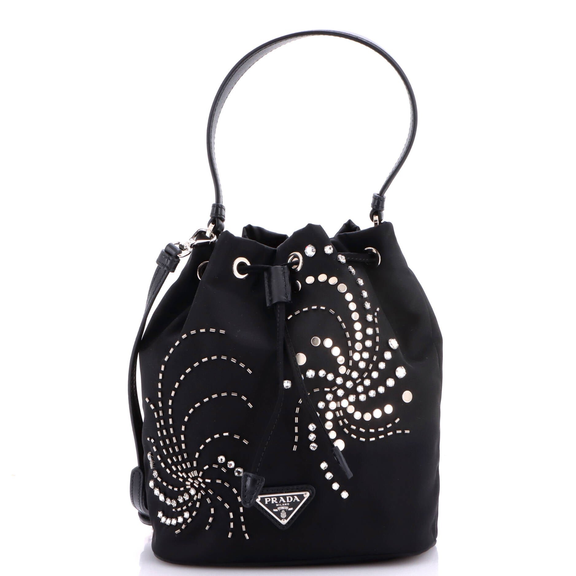 Top Handle Bucket Bag Bead Embellished Re-Nylon Mini