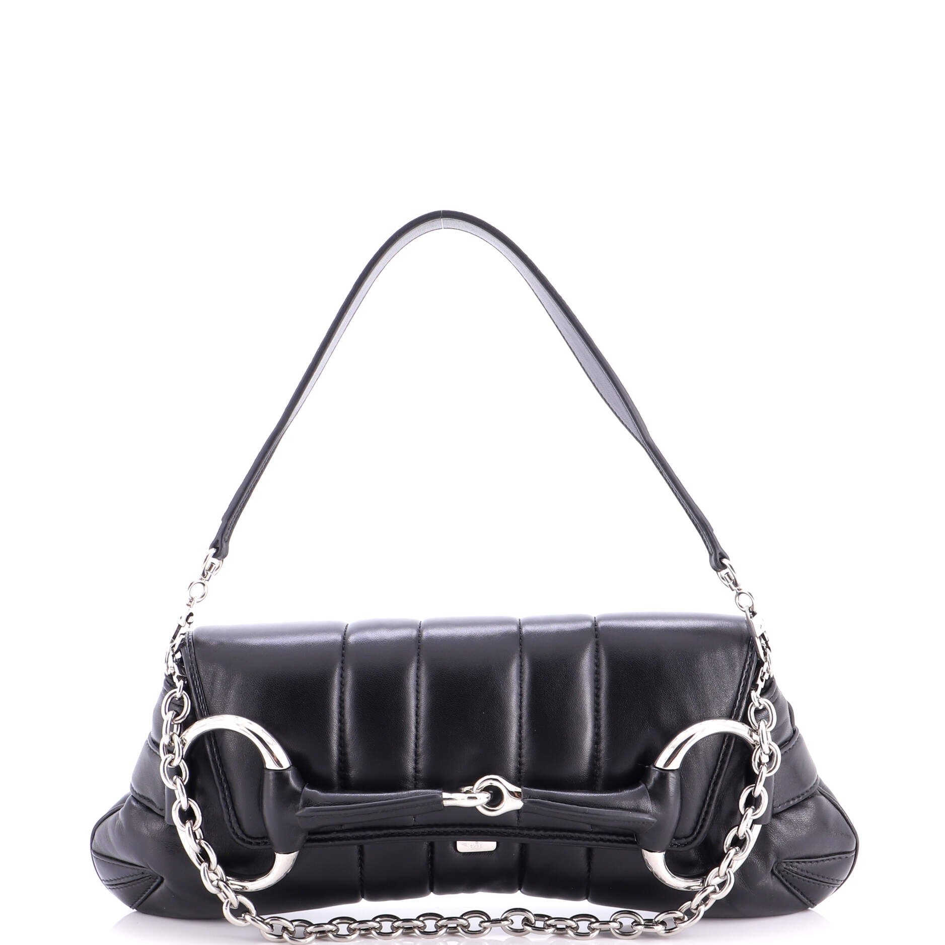 Horsebit Chain Shoulder Bag Vertical Quilted Leather Large