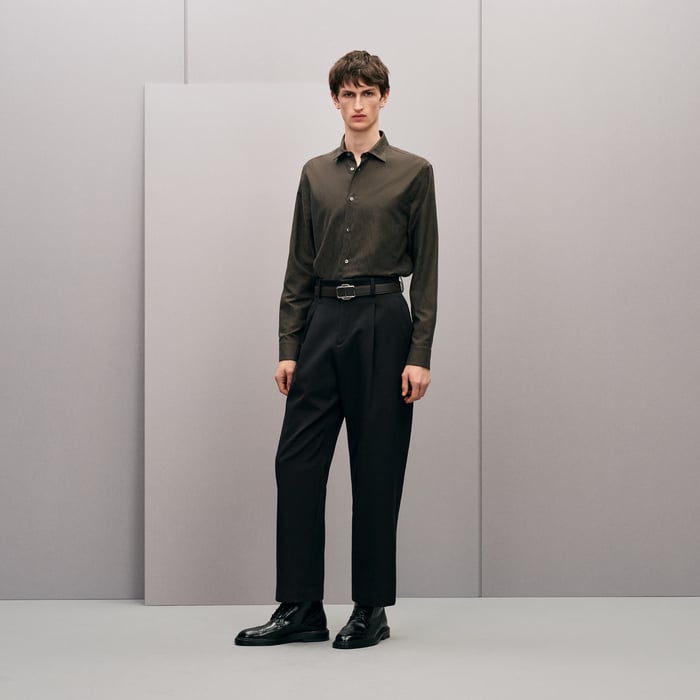Taupe "Jacquard Optique Chaine" Straight Cut Shirt With Paolo Collar