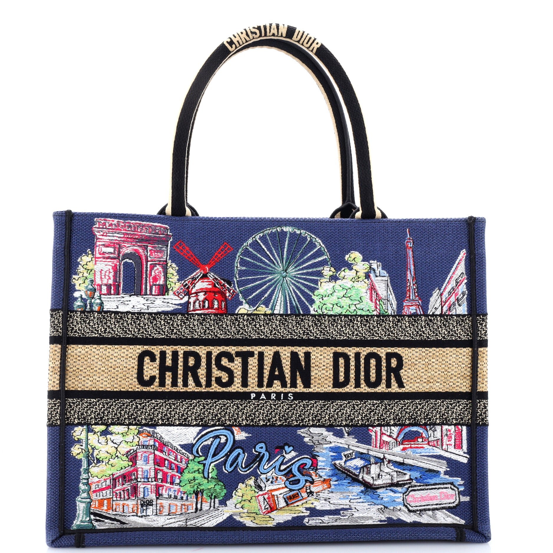Book Tote Embroidered Raffia Medium