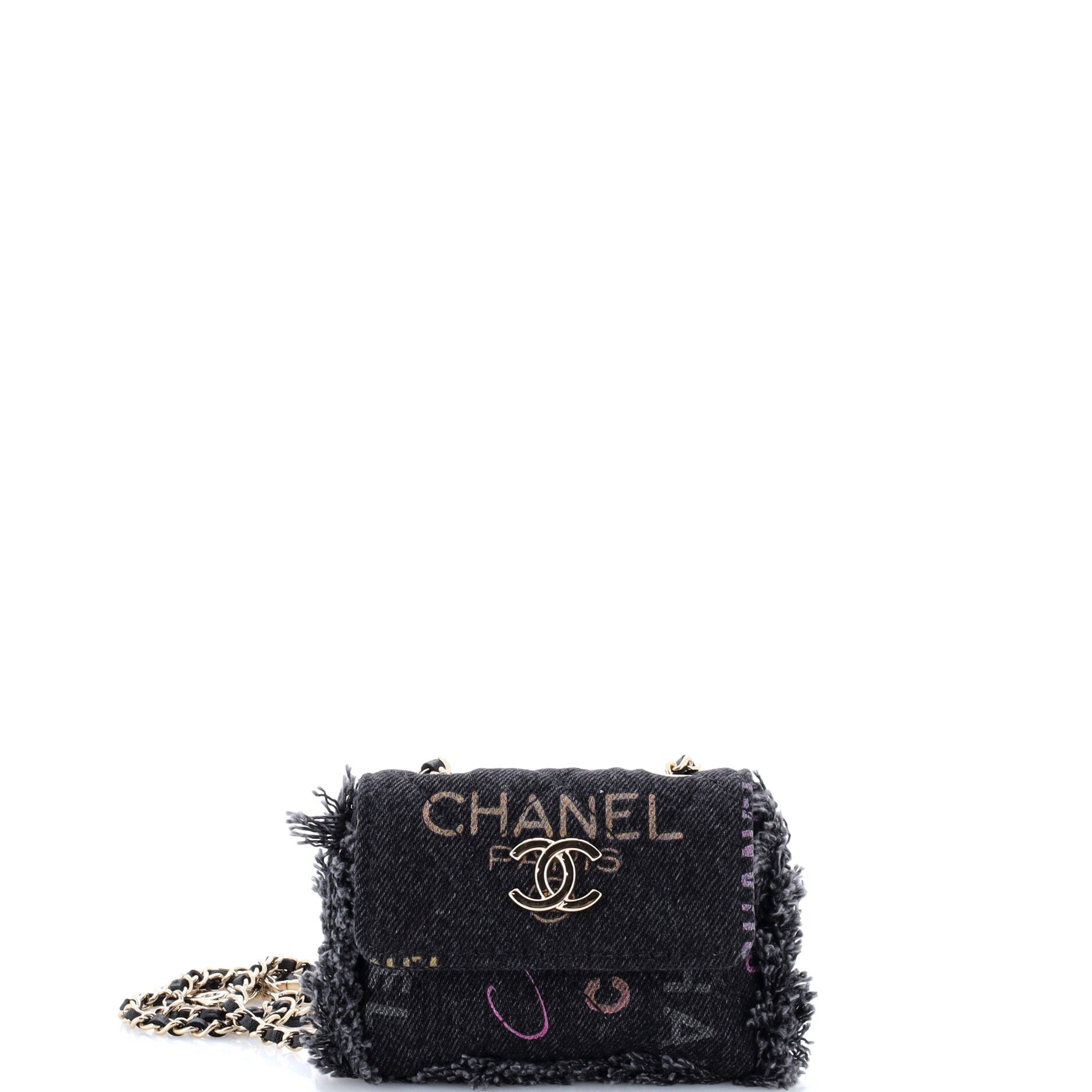 Denim Mood Flap Belt Bag Logo Printed Quilted Fringe Denim Micro