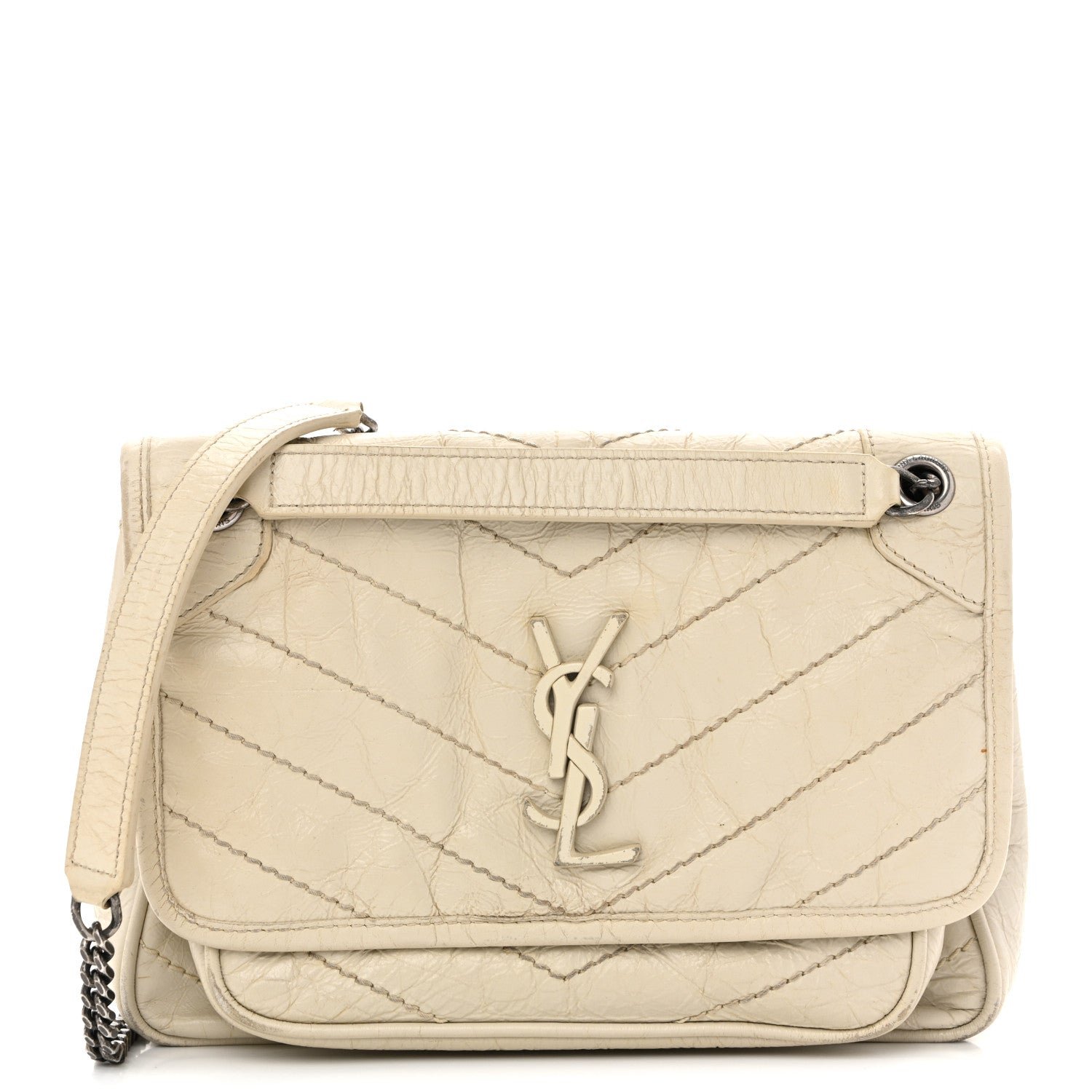Saint Laurent Crinkled Calfskin Matelasse Monogram Baby Niki Chain Satchel White