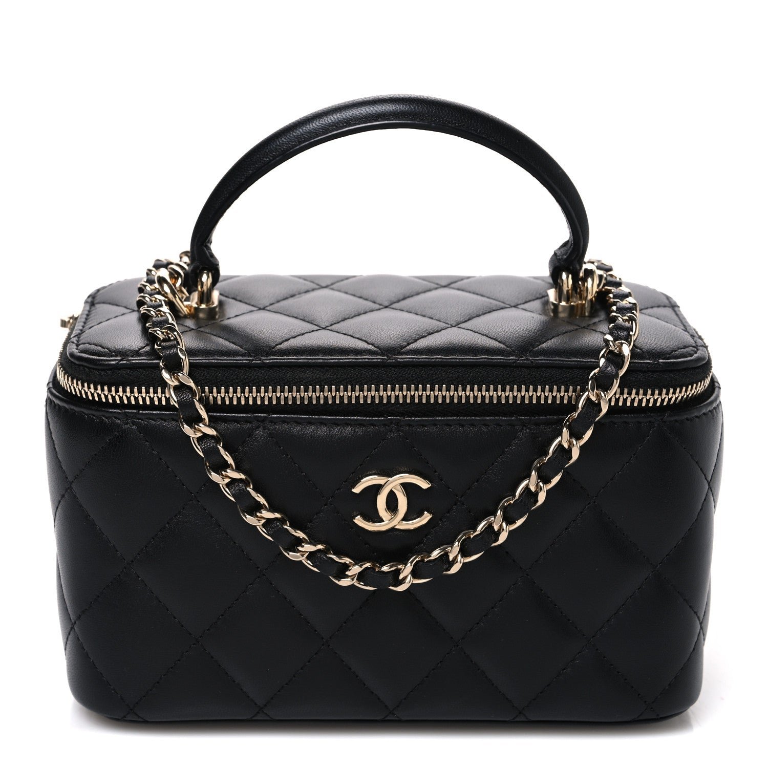 Chanel Lambskin Quilted Small Top Handle Vanity Case With Chain Black