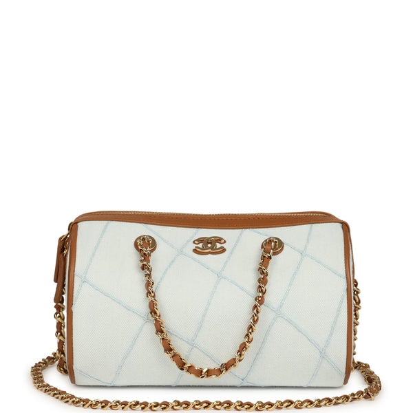 Chanel Coco Beach Mini Timeless Classic Barrel Bag with Chain Light Blue Denim and Brown Calfskin Gold Hardware