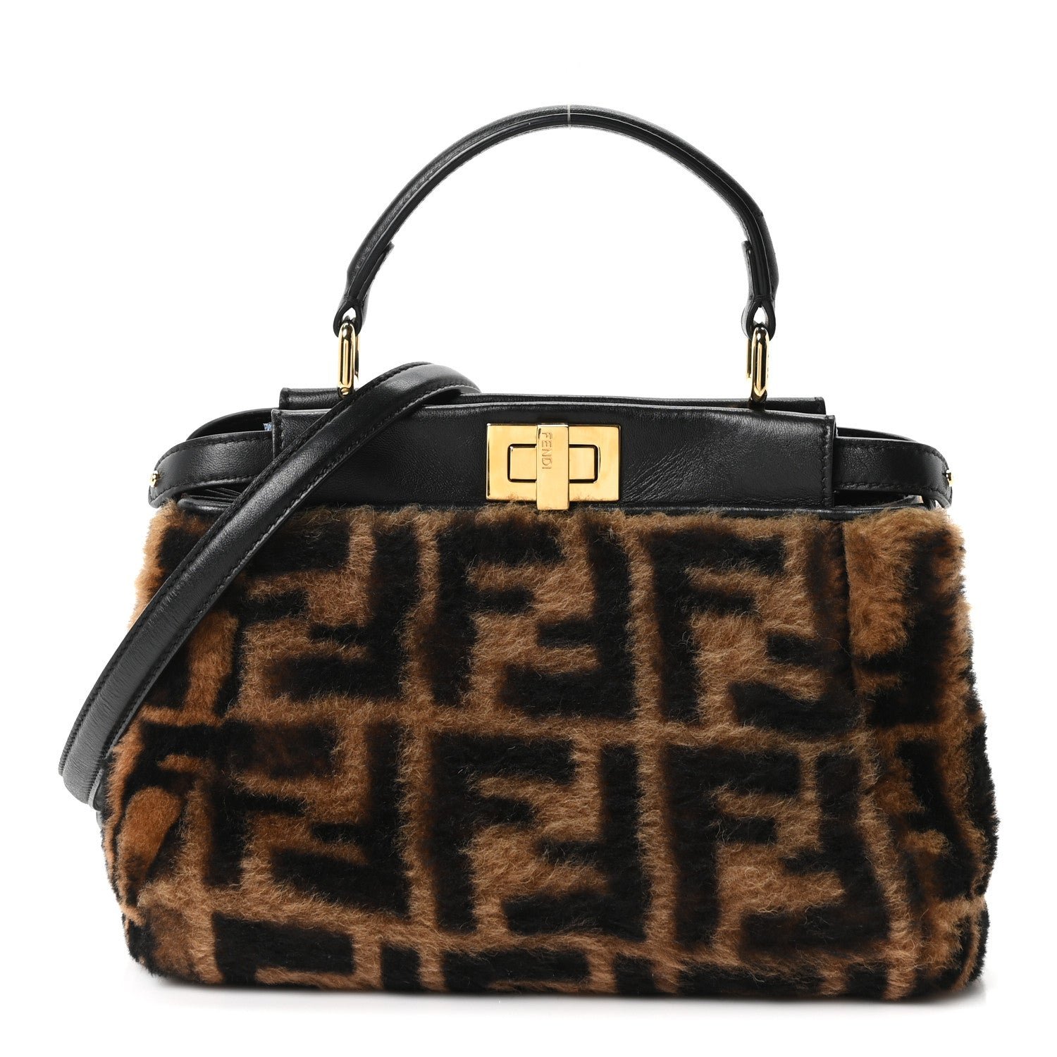 Fendi Shearling Nappa Macro FF 1974 Mini Peekaboo Iconic Satchel Tobacco Black