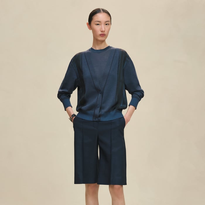 Bleu Encre "Coloriages De Jour" Short Long-sleeve Twillaine Cardigan