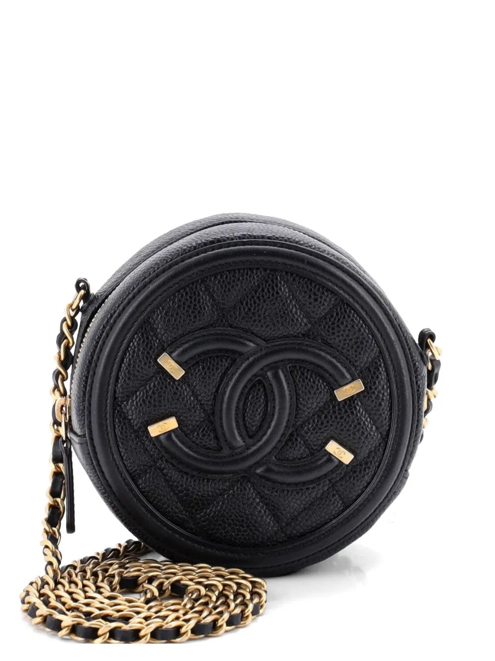 Filigree Round Clutch with Chain Quilted Caviar Mini crossbody bag