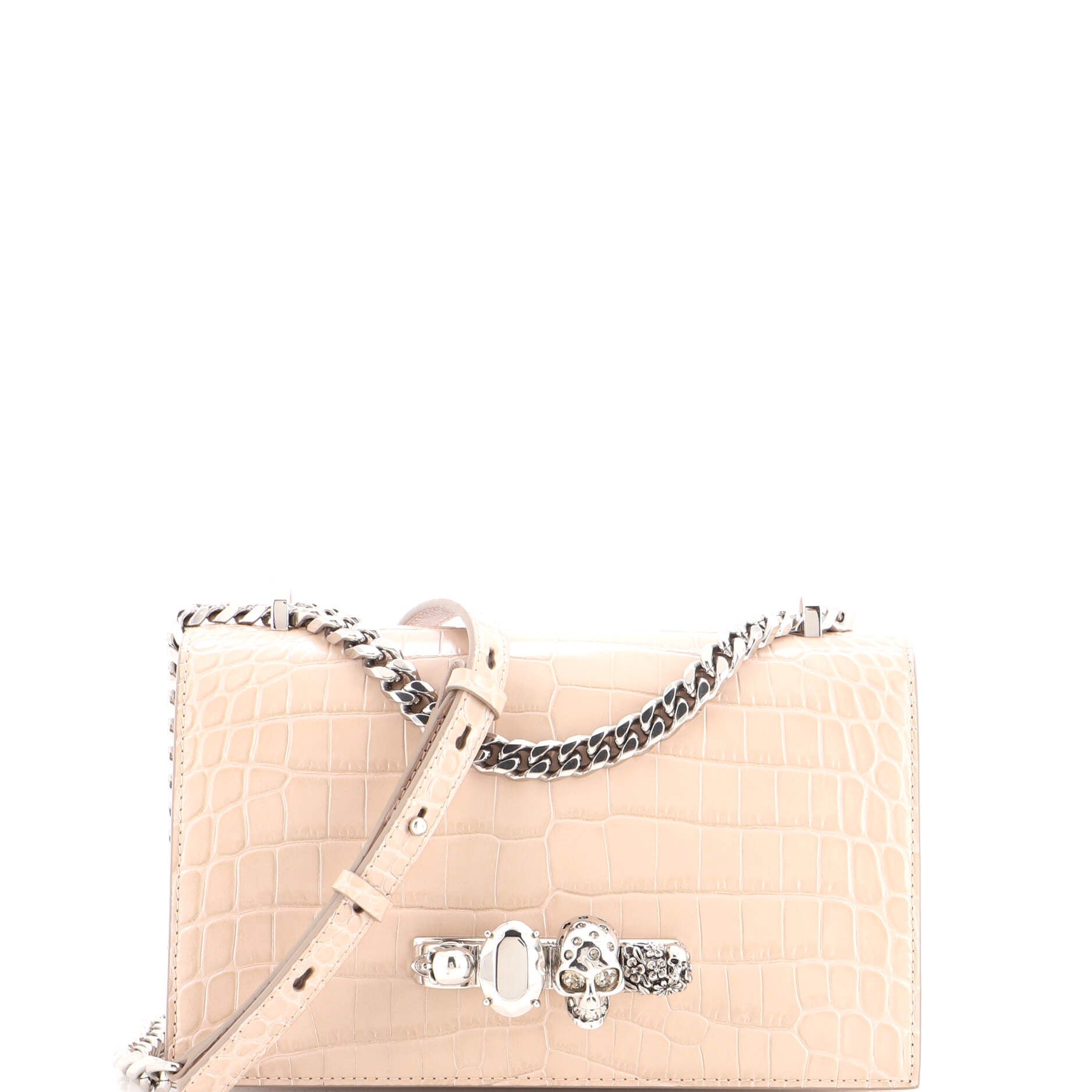 Jewelled Flap Satchel Crocodile Embossed Leather Medium