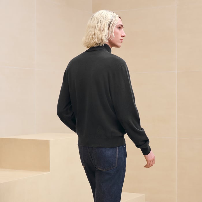 Noir Cashmere "Detail Cuir" Full-zip Sweater