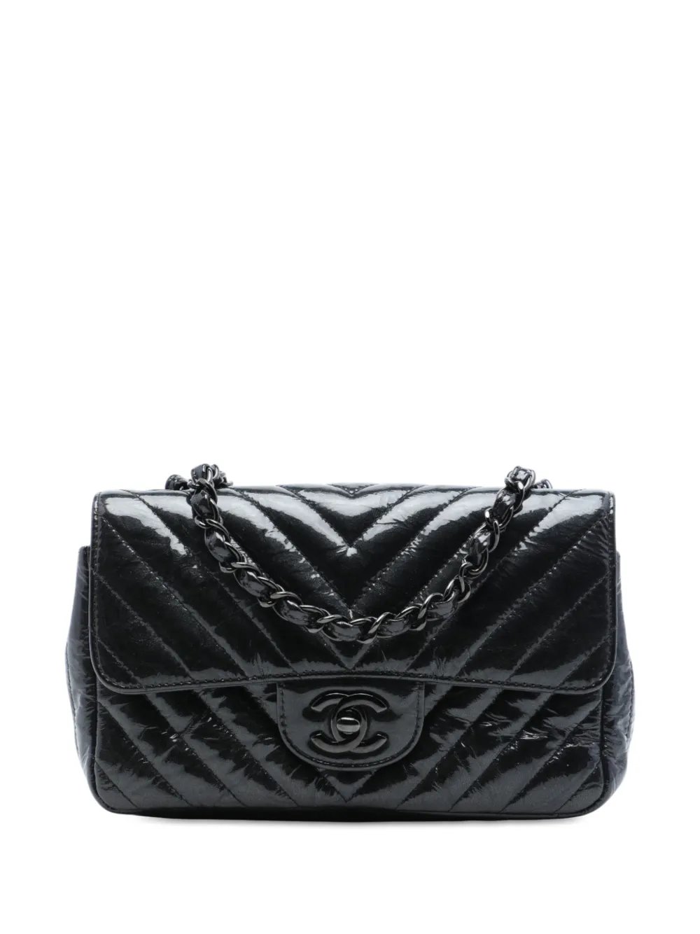 2018 Mini Rectangular Classic Chevron Crumpled Patent So Black Single Flap crossbody bag