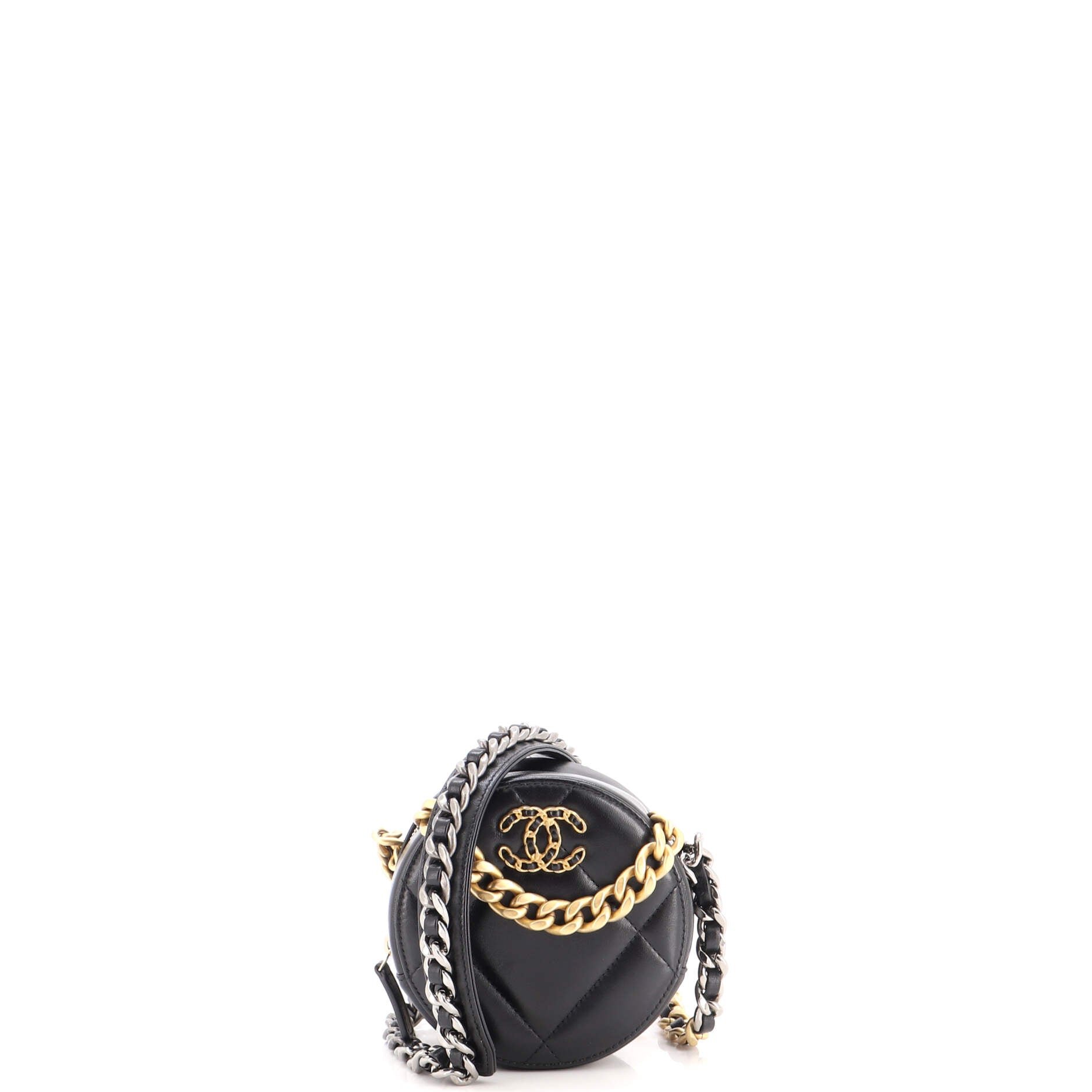 19 Round Clutch with Chain Quilted Leather