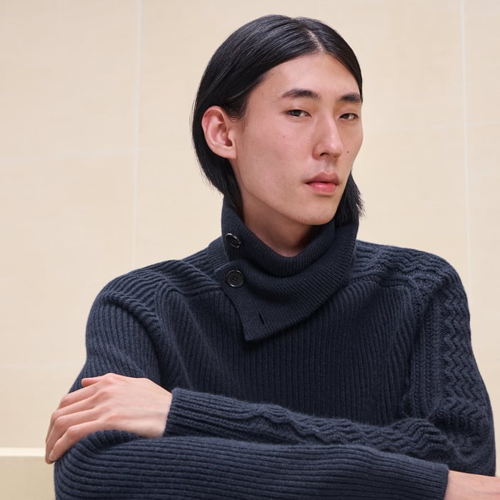 Marine Cashmere "Fisherman Graphique" Twisted Collar Sweater
