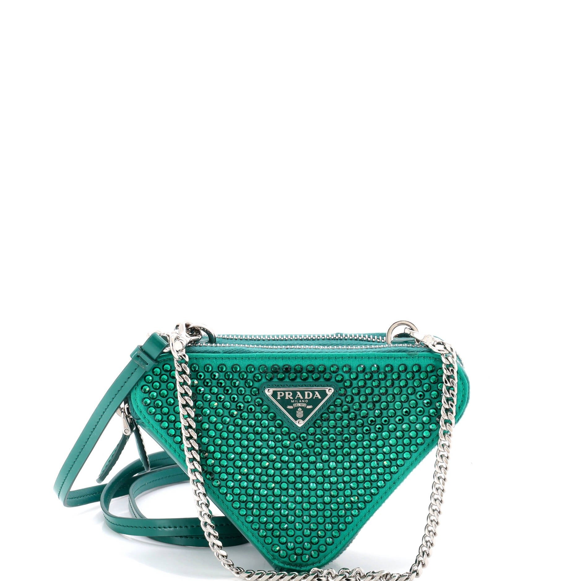 Triangle Double Pouch Crossbody Crystal Embellished Satin Mini