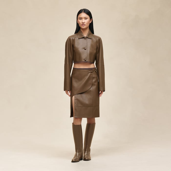 Marron Muschio Shiny Lambskin Wrap Skirt