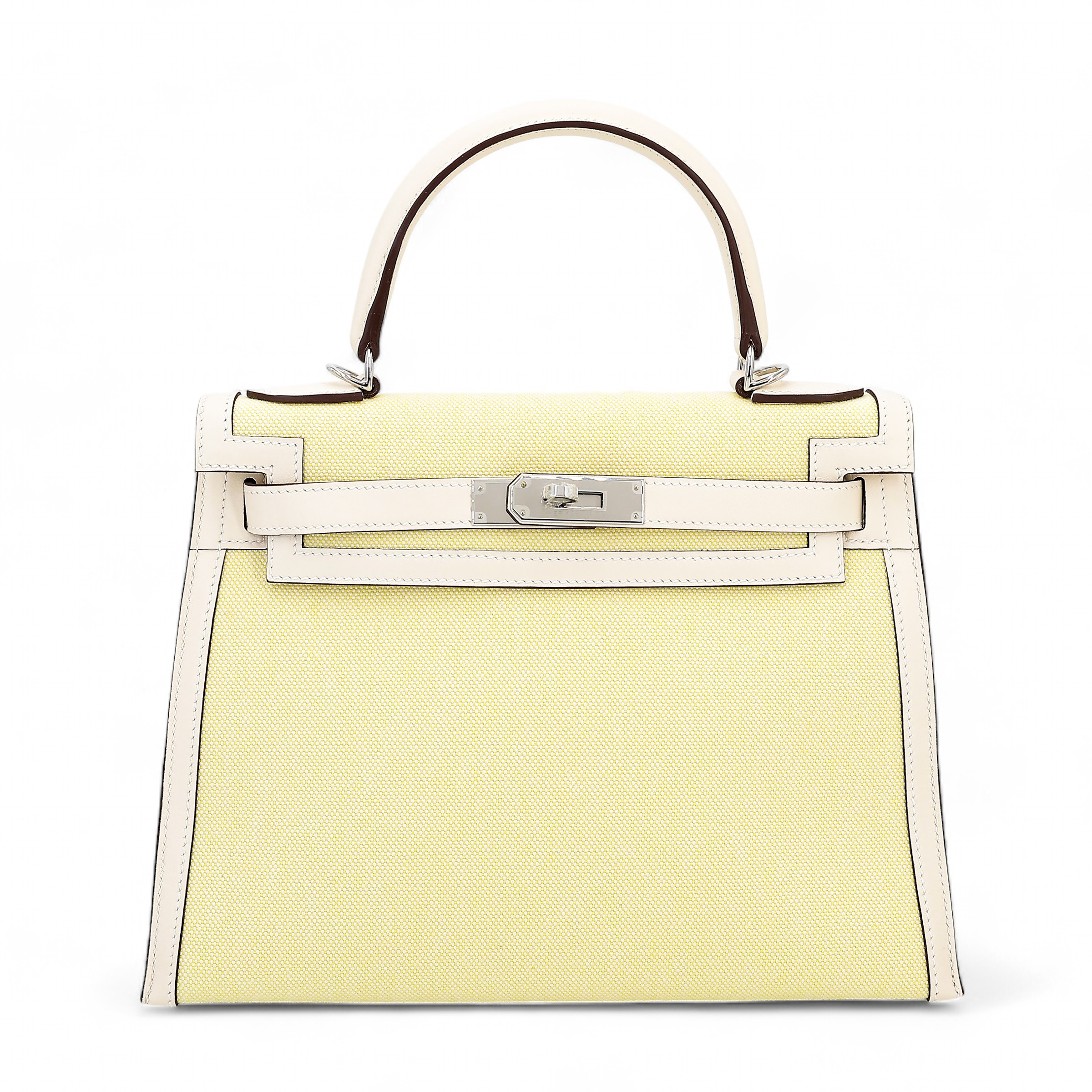 Excellent ( Rank SA ) HERMÈS Kelly 28 Sellier Jaune Citron (9N) Nata (I2) Swift Canvas Palladium hardware U (2022)